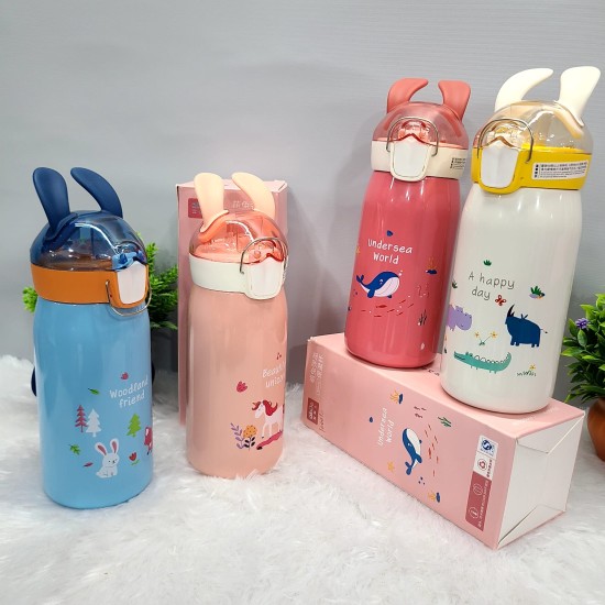 Bunny Ears Spill proof Insulated Steel Water Bottle with Straw 530ml