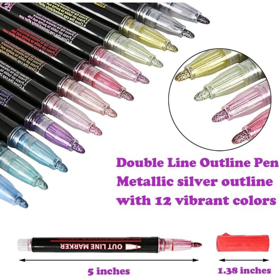 Double Line Glitter Outline Pens 12 colours