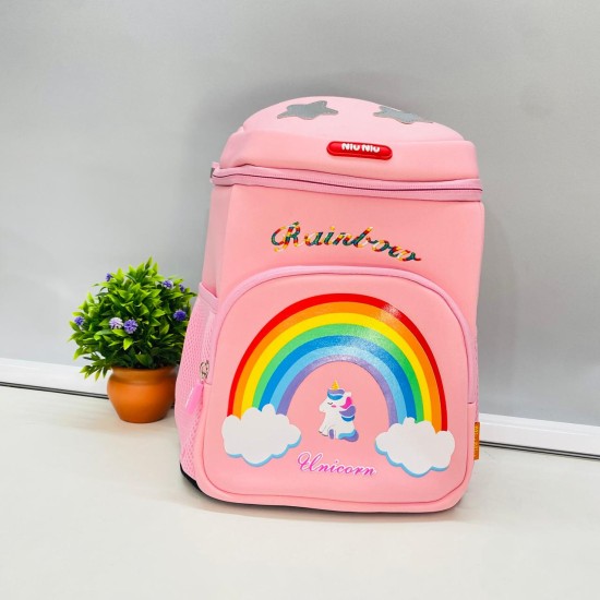 Rainbow Unicorn Printed Square Shape School Bags with Slip Over Buckle for Kindergarten Kids