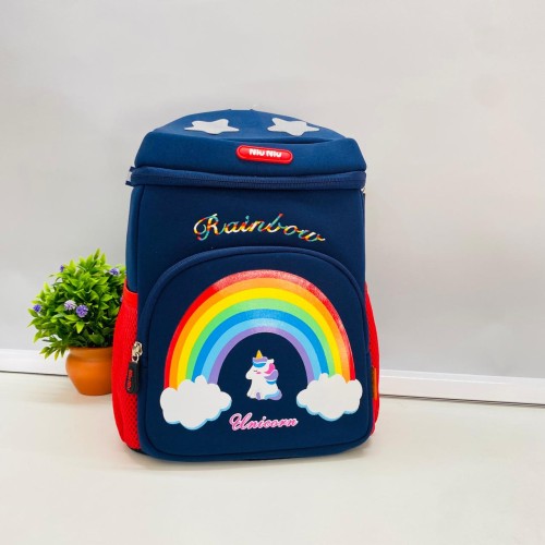 Rainbow Unicorn Printed Square Shape School Bags with Slip Over Buckle for Kindergarten Kids