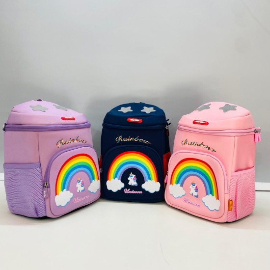 Rainbow Unicorn Printed Square Shape School Bags with Slip Over Buckle for Kindergarten Kids