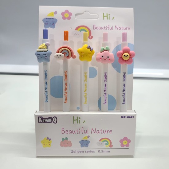 Hi Flowers + Hi Beautiful Nature Cartoon Colorful Gel Pen  (Set Of 5)