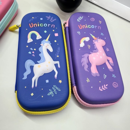 School Kids Hard Case Unicorn Print Pencil Pouch With 10 Colour Pen