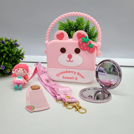 Sweet and Stylish: Strawberry Bear Square Silicone Sling Bag for Girls