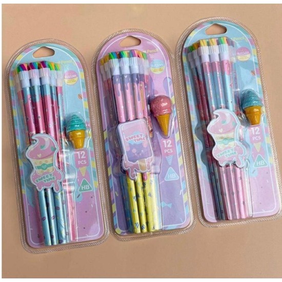 Sweet time wooden Pencil and Eraser combo 12pcs set