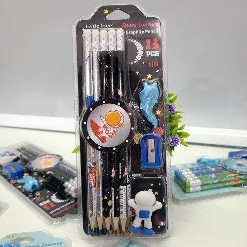 Space Theme Pencil Set with Sharpener, Eraser & Pencil Cap