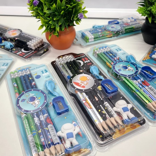 Space Theme Pencil Set with Sharpener, Eraser & Pencil Cap