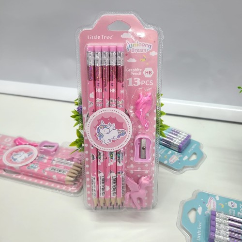 Unicorn Theme Pencil Set with Sharpener, Eraser & Pencil Cap