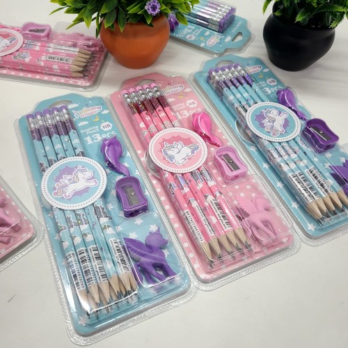 Unicorn Theme Pencil Set with Sharpener, Eraser & Pencil Cap